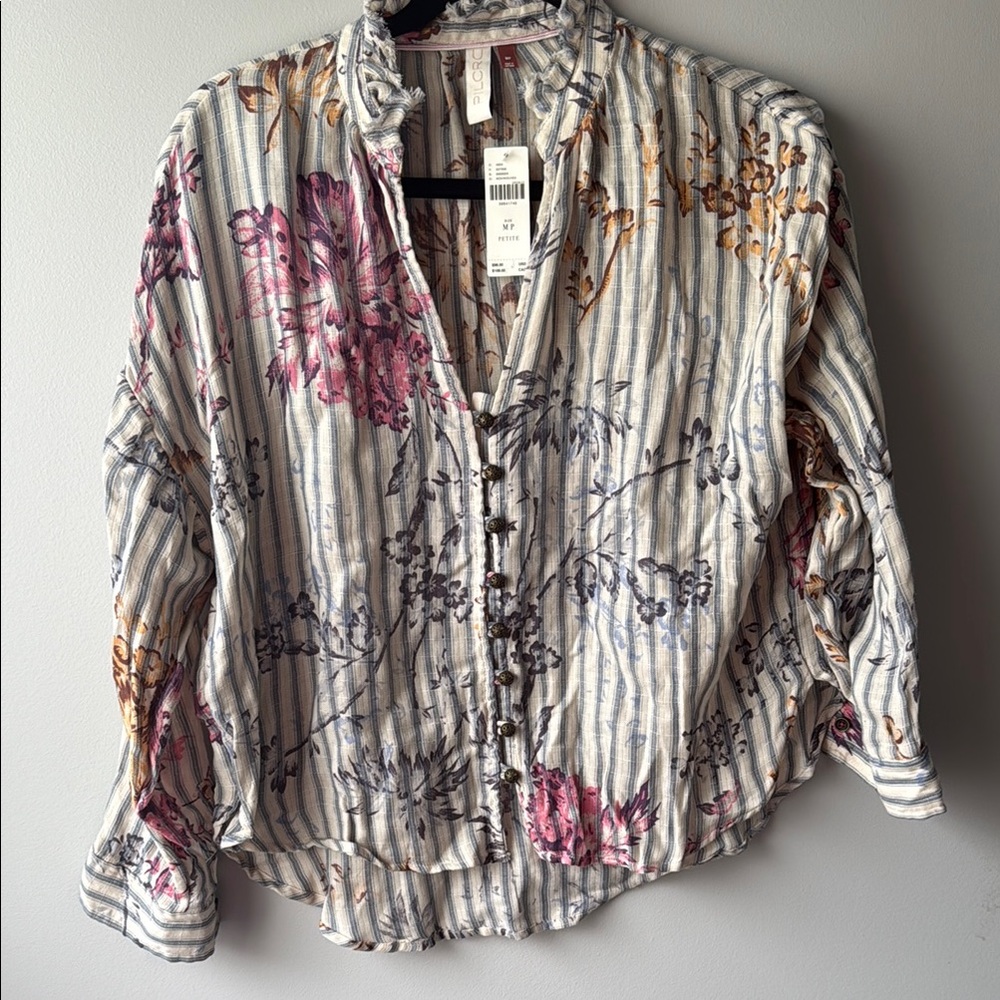 Pilcro Floral Stripe Button-Down Shirt in White, Blue, Pink, Gold